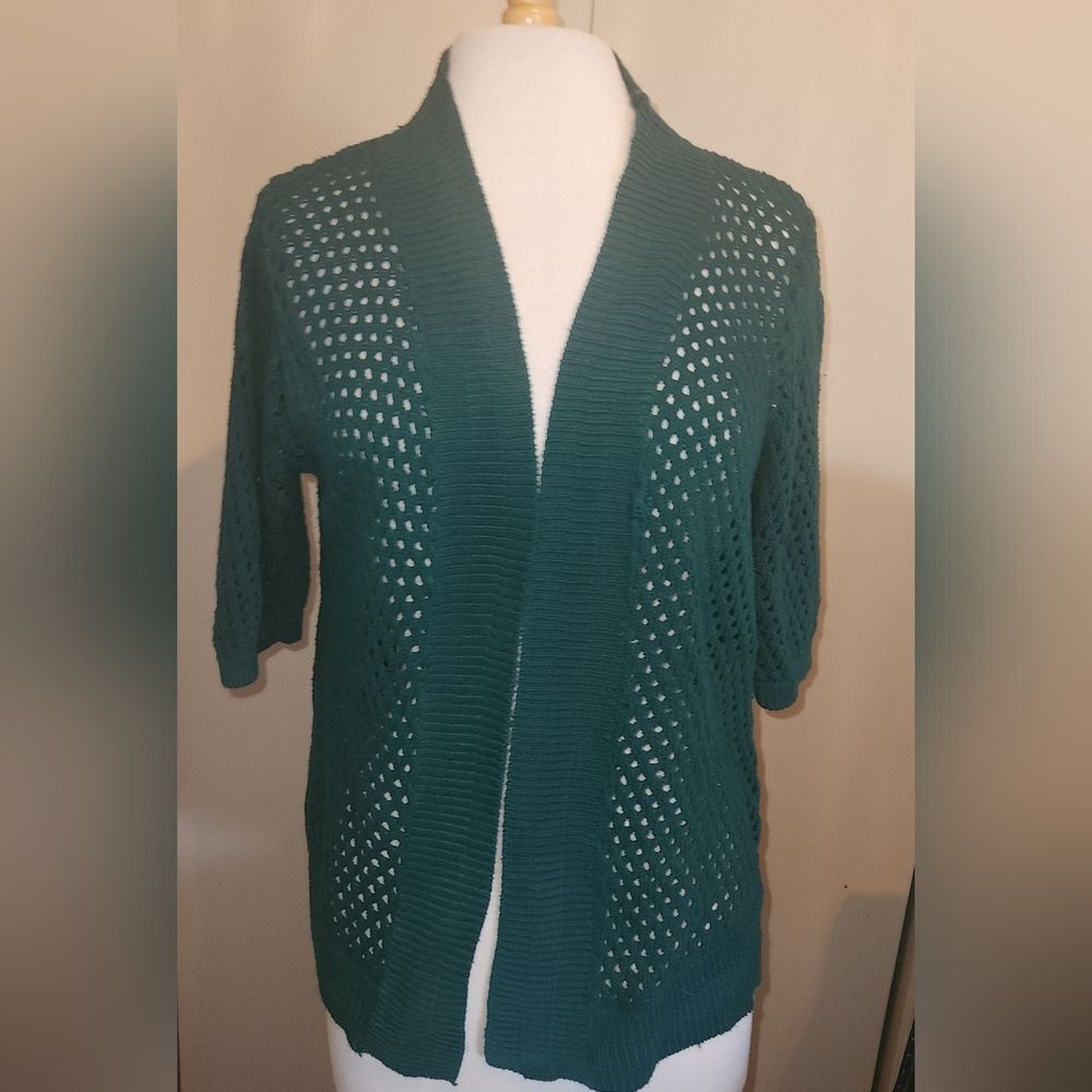 C51 IB Defusion teal Open-Knit Women's Lrg shrug sweater cardigan 3/4 sleeves